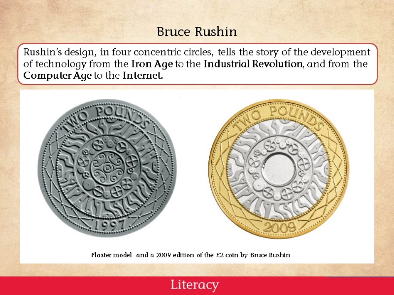 Bruce Rushin Plaster model  and a 2009 edition of the £2 coin by